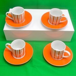 Konitz Porcelain Espresso Set Of 4 Cups & Saucers Stripes Orange Germany